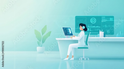 Professional Female Worker with Headset Analyzing Data on Computer in Modern Office Environment with Minimalist Design and Soft Color Palette