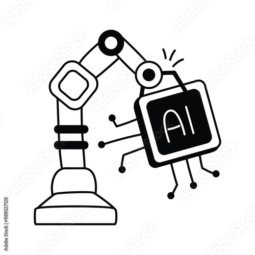 Hand drawn graphic depicting an industrial robot arm manipulating an AI chip