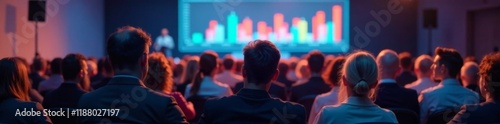 Confused faces of attendees blur into the background as they await a corporate presentation behind a sleek modern backdrop , corporate, event, conference