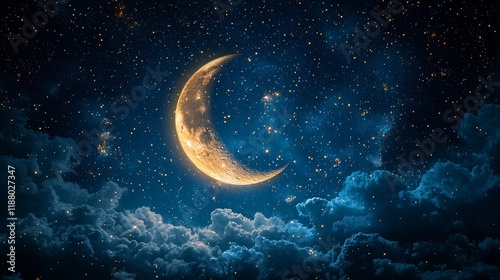 Enchanting Crescent Moon Surrounded by a Starry Night Sky
