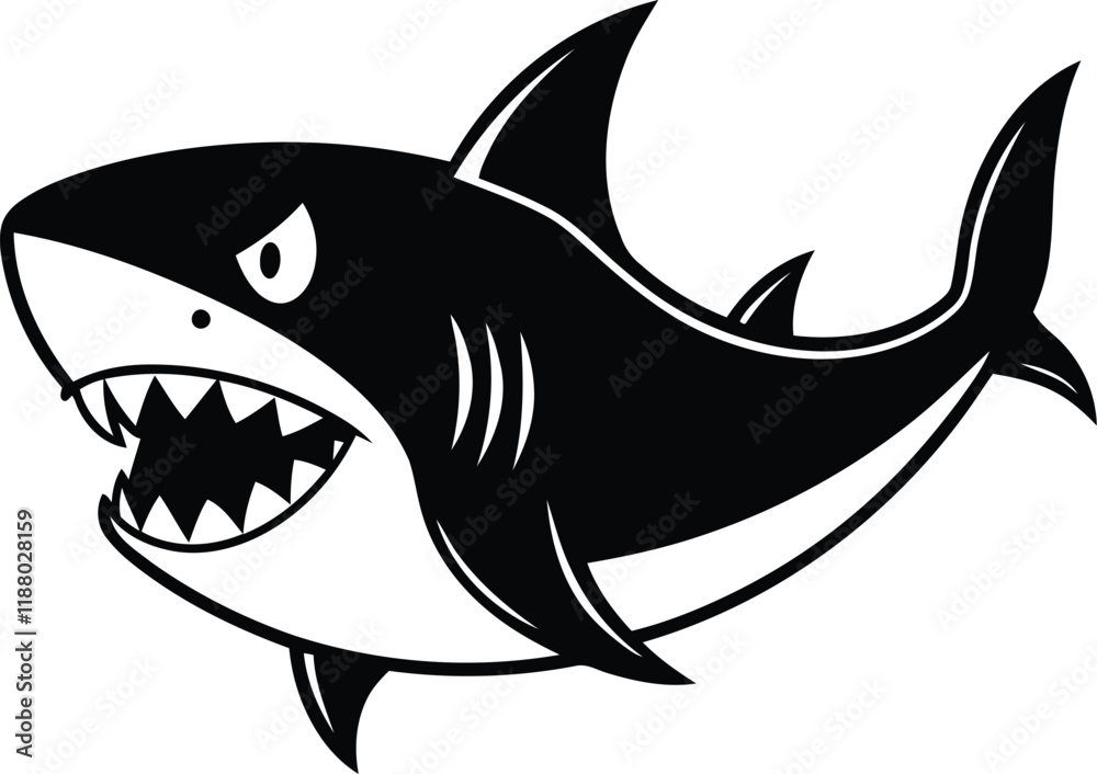 Fototapeta premium Shark silhouette vector illustration, Shark line art, Aggressive Shark vector