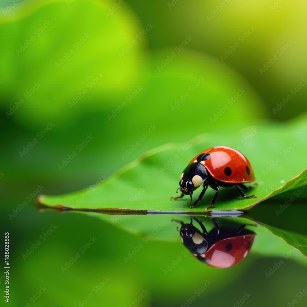 Tiny ladybug perched on vibrant leaf, mirrored perfectly in calm water, animal, natural Tiny ladybug perched on vibrant leaf, mirrored perfectly in calm water, animal, natural