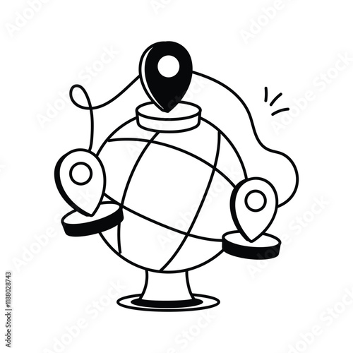 A globe with multiple location pins attached, meta location vector design