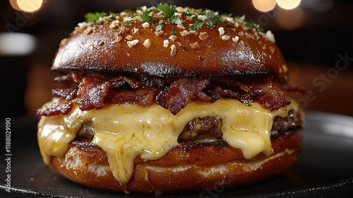 Gourmet Bacon Cheeseburger with Melted Cheese and Toppings photo