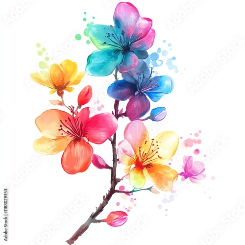 A vibrant watercolor illustration of colorful flowers on a branch.