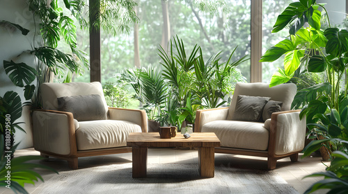 Cozy Garden Lounge with Plush Seating and Natural Decor, 3d rendering