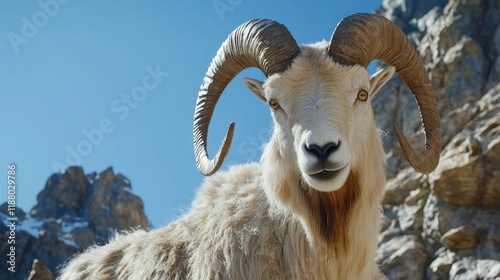 A close-up of a mountain goats majestic horns and thick fur, set against the backdrop of a clear blue sky and jagged mountain cliffs.