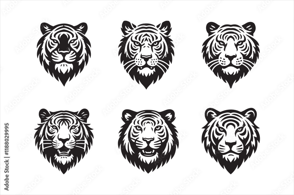 Set of tiger head silhouette vector illustration Set of tiger head silhouette vector illustration