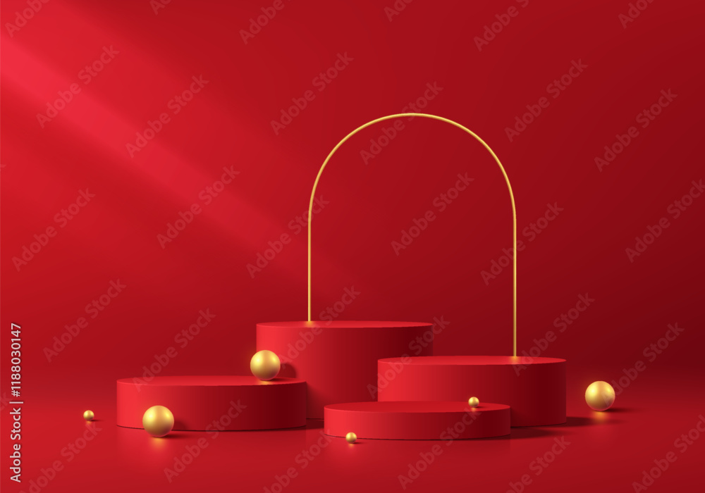 Red 3D cylindrical podium background with golden ball, arch frame backdrop. Studio wall scene. Minimalist Vector mockup pedestal design. Abstract stand product display presentation, Stage for showcase Red 3D cylindrical podium background with golden ball, arch frame backdrop. Studio wall scene. Minimalist Vector mockup pedestal design. Abstract stand product display presentation, Stage for showcase