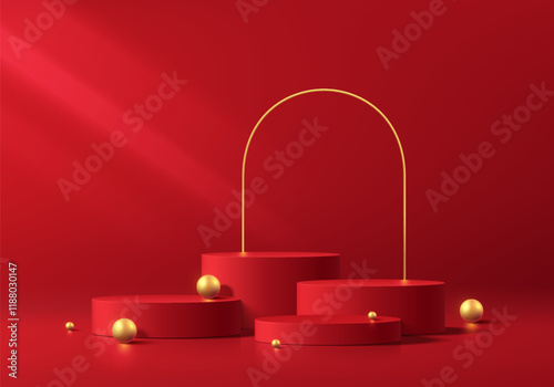 Red 3D cylindrical podium background with golden ball, arch frame backdrop. Studio wall scene. Minimalist Vector mockup pedestal design. Abstract stand product display presentation, Stage for showcase photo