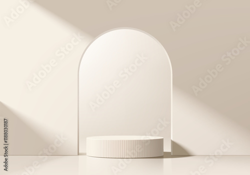 Cream 3D cylindrical podium background in Arch gate backdrop, Studio wall scene. Minimalist 3D mockup pedestal. Abstract stand product display presentation, Stage for showcase. Vector platform design.