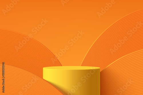 Yellow 3D cylindrical podium background with orange curve layer backdrop. Studio wall scene. Minimalist Vector mockup pedestal design. Abstract stand product display presentation, Stage for showcase.