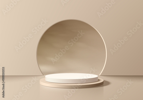 Beige 3D cylindrical podium background in round gate backdrop. Studio wall scene. Minimalist 3D mockup pedestal. Abstract stand product display presentation, Stage for showcase. Vector platform design
