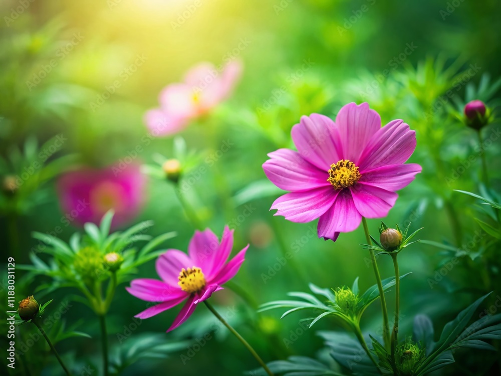 Vibrant Green Leaves & Cosmos Flowers: Organic Nature Background PNG Vibrant Green Leaves & Cosmos Flowers: Organic Nature Background PNG