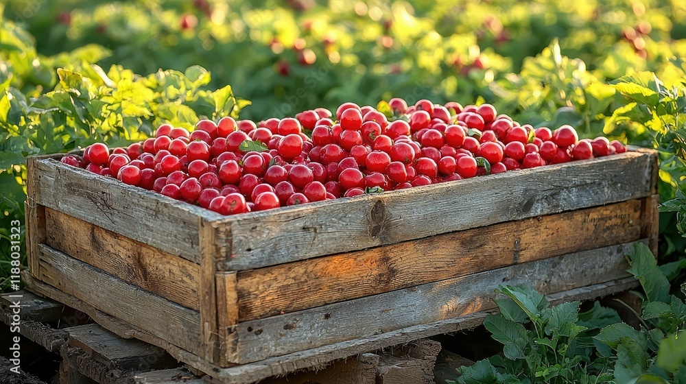 Wooden Crate Full Of Ripe Red Cherry Tomatoes Wooden Crate Full Of Ripe Red Cherry Tomatoes