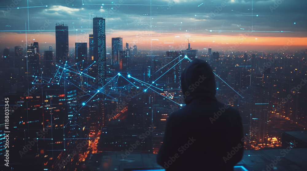 Fototapeta premium Hacker are planning to hack and attack networks and cyber security systems. Smart digital city with connection cyber security network reciprocity over the cityscape .