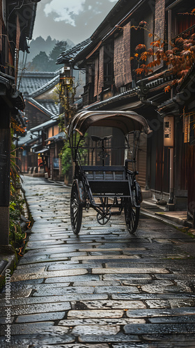 Exquisite Capture of a Traditional Jinrikisha on a Classic Japanese Street