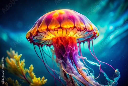 Vibrant Jellyfish, Colorful Sea Creature, Underwater Life, Ocean Animal, Aquatic Photography photo