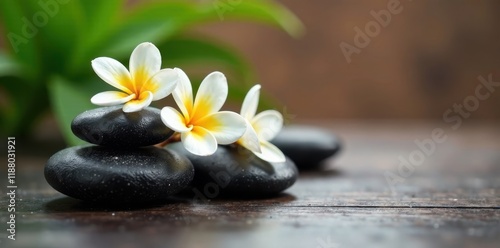 Smooth spa stones, delicate frangipani blossoms , tranquility, tropical flowers