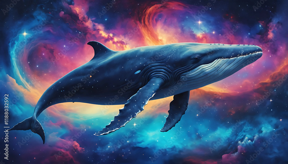 Fototapeta premium A majestic blue whale swims through a starry cosmos, its silhouette outlined against a backdrop of vibrant nebulae and distant galaxies.
