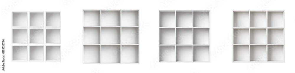 Empty white modular shelving system with multiple compartments and blank spaces designed in a minimalist contemporary style for versatile display and storage purposes Empty white modular shelving system with multiple compartments and blank spaces designed in a minimalist contemporary style for versatile display and storage purposes