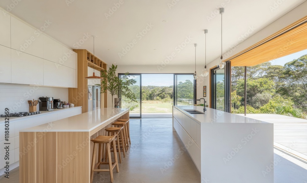 Clean and airy modern Scandinavian style kitchen with white cabinets, light wood accents and minimalist decor Clean and airy modern Scandinavian style kitchen with white cabinets, light wood accents and minimalist decor