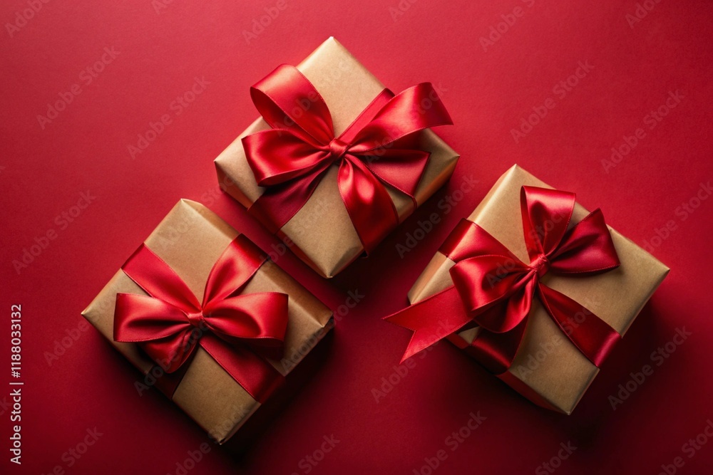 Top view photo of decorations gift boxes with red ribbon bow on dark red background. Top view photo of decorations gift boxes with red ribbon bow on dark red background.