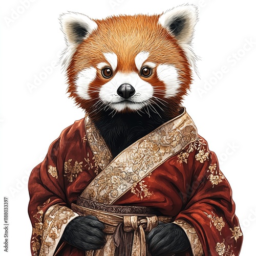 A whimsical illustration of a red panda dressed in traditional attire. photo