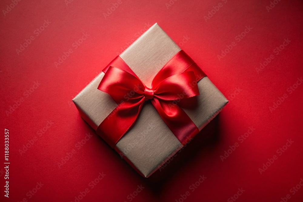 Top view photo of decorations gift boxes with red ribbon bow on dark red background. Top view photo of decorations gift boxes with red ribbon bow on dark red background.