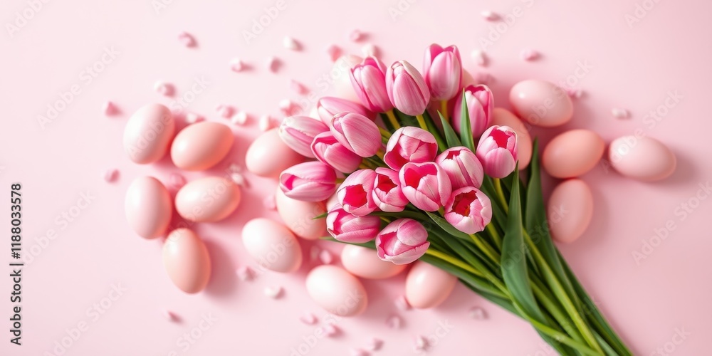 Pink Tulips and Eggs on a Light Pink Background Pink Tulips and Eggs on a Light Pink Background