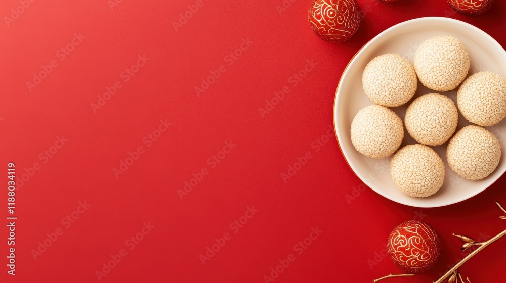 Festive Plate of Sesame Balls Surrounded by Decorative Red Ornaments on a Bright Red Background, Symbolizing Celebration and Good Fortune Festive Plate of Sesame Balls Surrounded by Decorative Red Ornaments on a Bright Red Background, Symbolizing Celebration and Good Fortune