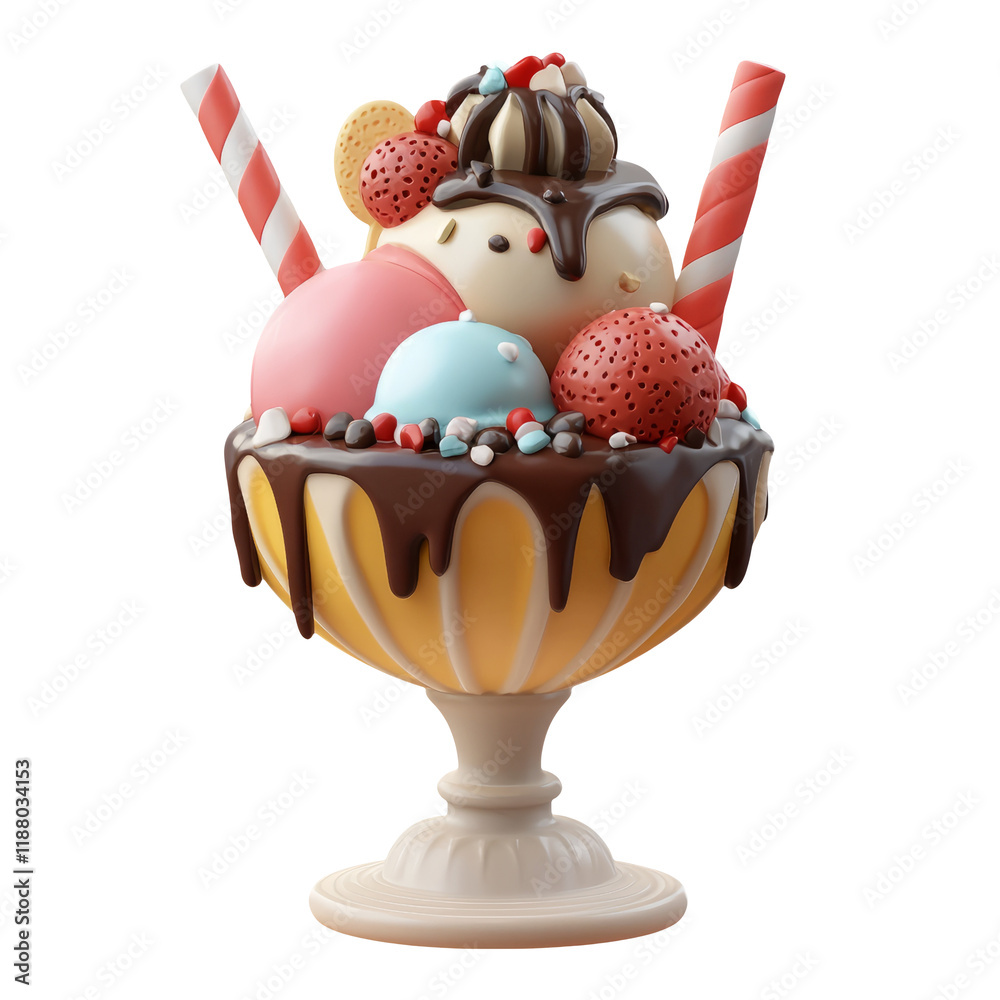 Colorful Ice Cream Sundae with Chocolate Sauce in Decorative Cup on Transparent Background Colorful Ice Cream Sundae with Chocolate Sauce in Decorative Cup on Transparent Background