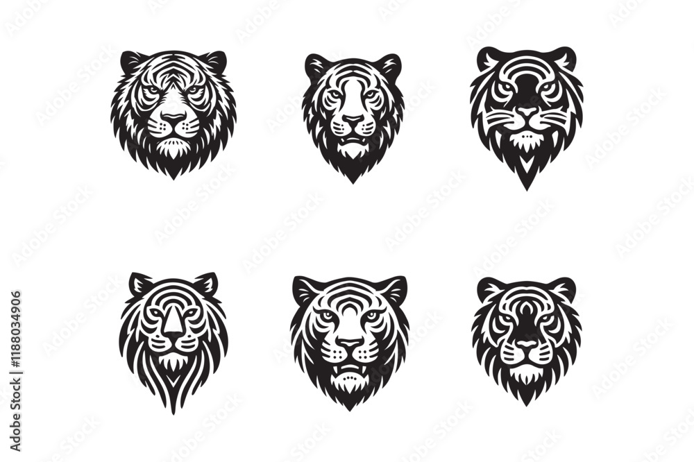 Set of tiger head silhouette vector illustration