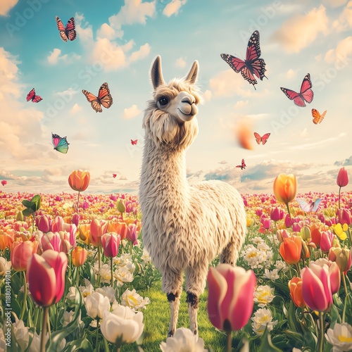 A whimsical llama surrounded by vibrant tulips and fluttering butterflies in ...