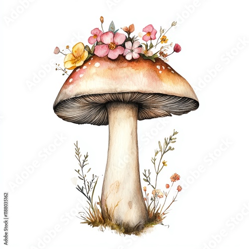 A whimsical mushroom adorned with colorful flowers and delicate grasses. photo