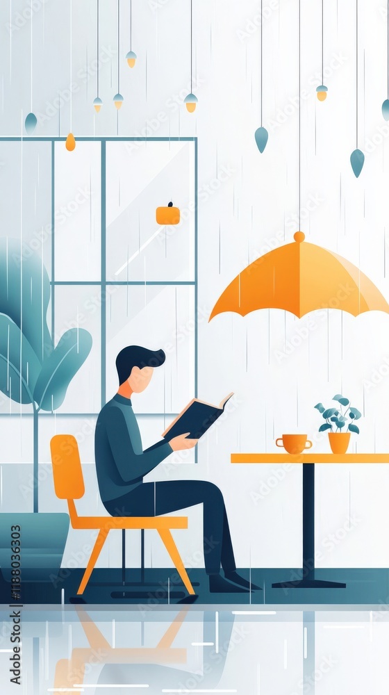 Fototapeta premium Cozy Indoor Reading Scene with Rainy Weather, Modern Design, Colorful Umbrella, and Tranquil Atmosphere for Relaxation and Leisure Moments
