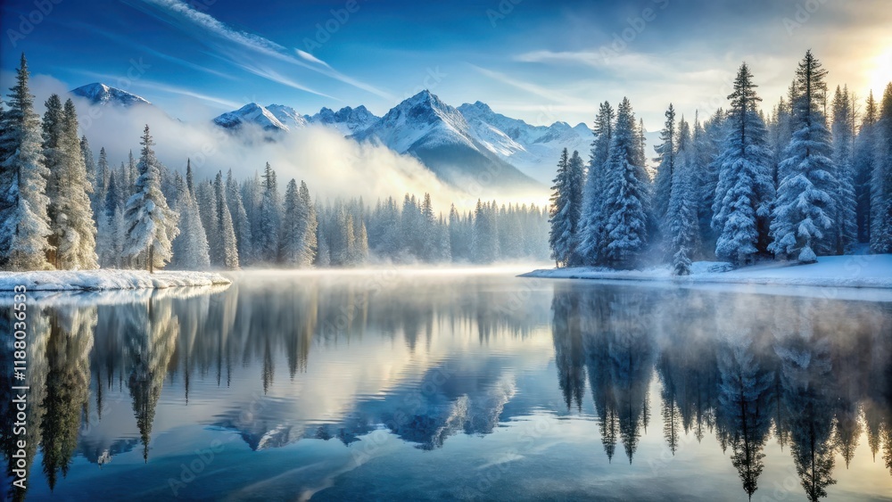 Obraz premium Snowy forest with frozen lake and misty mountains, snowy, nature, snowy, nature, winter scenery, frozen lake