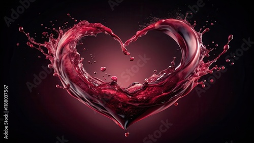 A splash of deep red wine on a dark background creates an abstract heart shape, evoking emotions and passion , red, splashart photo