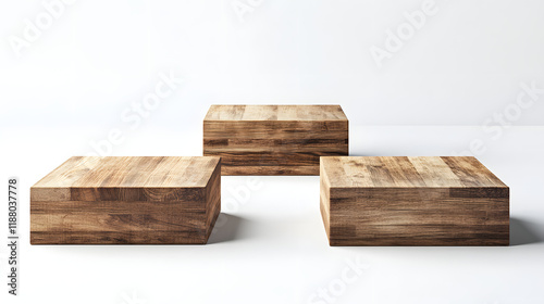 wooden square cube podium stages with wood block platforms on white background for product display, featuring three realistic wooden cubes ideal for exhibition showcase or stand pedestal.