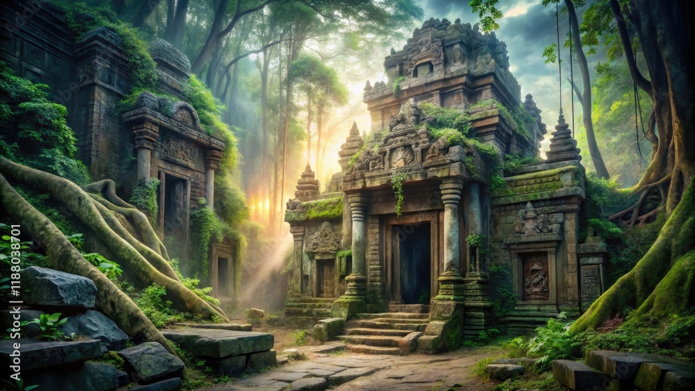 A dramatic and action-packed scene of a ancient temple hidden deep in the jungle with intricate carvings and mysterious energies, history, artifacts, architecture A dramatic and action-packed scene of a ancient temple hidden deep in the jungle with intricate carvings and mysterious energies, history, artifacts, architecture
