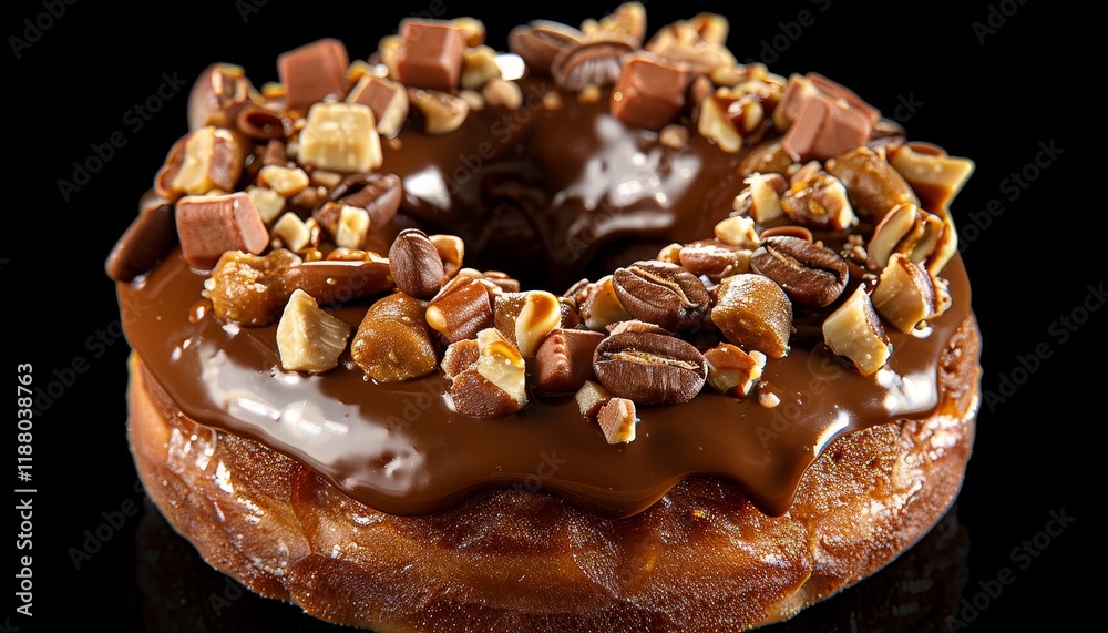 A chocolate glazed donut with nuts, caramel and coffee beans on a black background. A chocolate glazed donut with nuts, caramel and coffee beans on a black background.