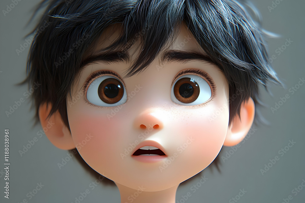 Close-up Portrait of a Surprised Young Boy, 3D Rendered Animation Close-up Portrait of a Surprised Young Boy, 3D Rendered Animation