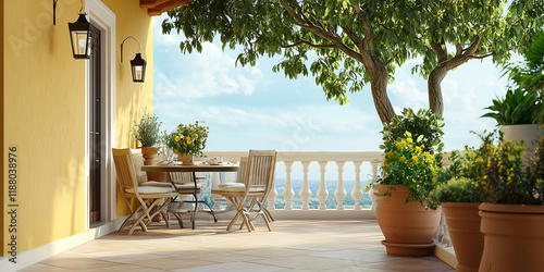 Ein Balkon im französischen Stil einer Villa. Pflanzen und Bäume. Sessel um einen Tisch. Reisen Urlaub Toskana photo