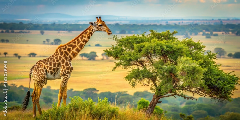 Obraz premium A giraffe feeding on leaves from a treetop, with the savannah landscape in the background., tall mammal, forest life, giraffe habitat