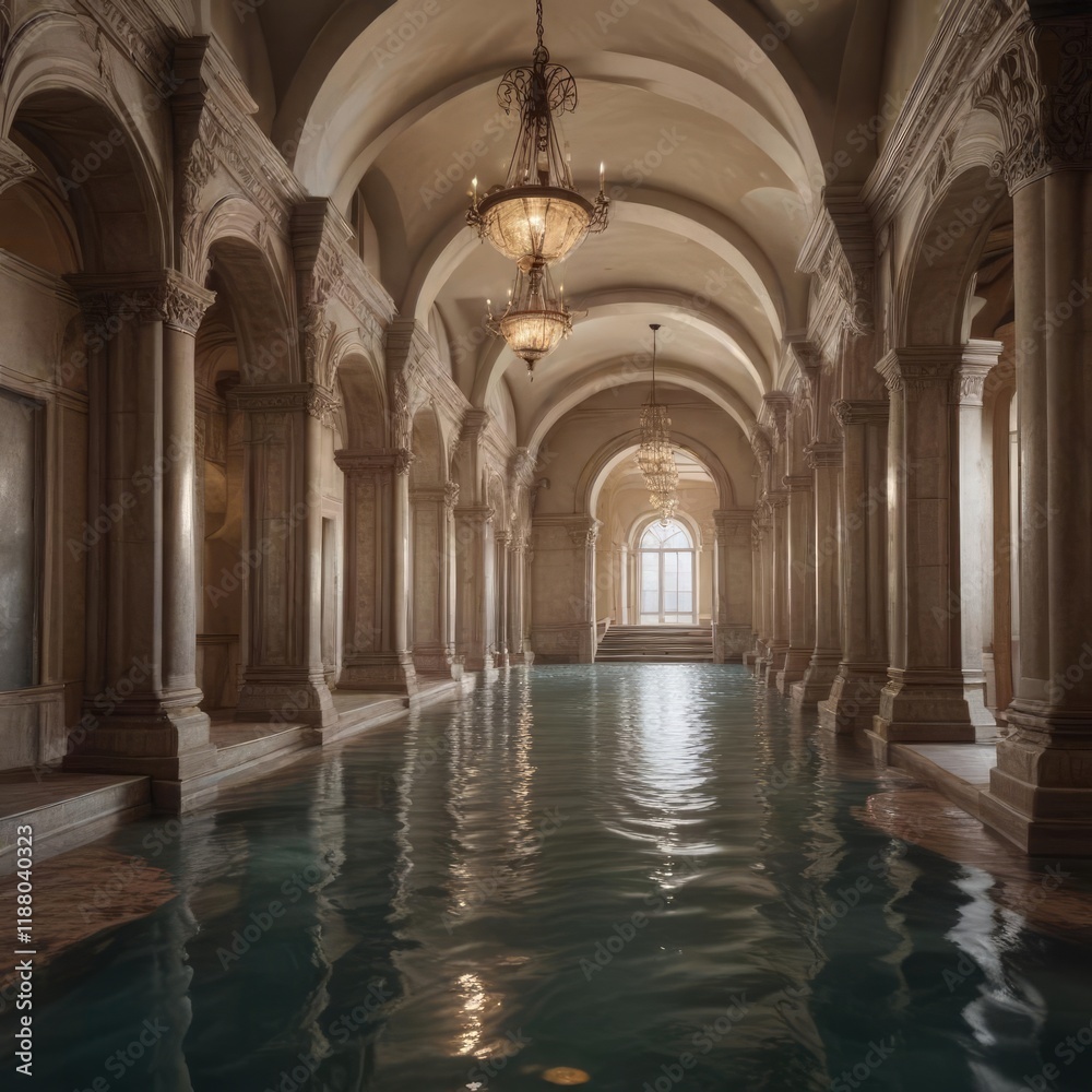 Obraz premium A grand staircase leads through a flooded palace hallway with arches high above , water level rising, flooded hallways
