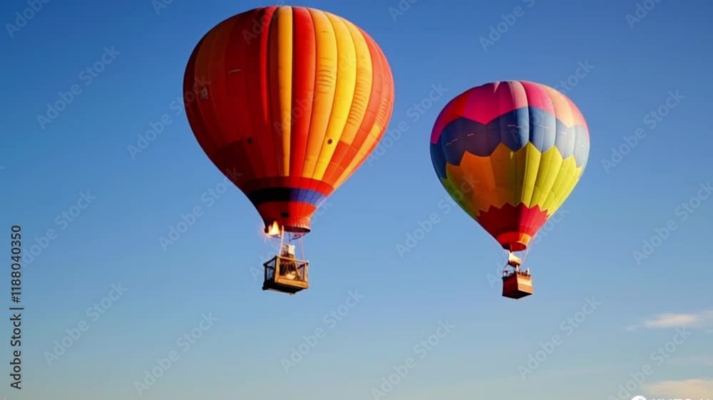 Colorful hot air balloon soaring high above lush green trees under a bright blue sky, creating a stunning contrast of colors and a sense of adventure and freedom. Colorful hot air balloon soaring high above lush green trees under a bright blue sky, creating a stunning contrast of colors and a sense of adventure and freedom.