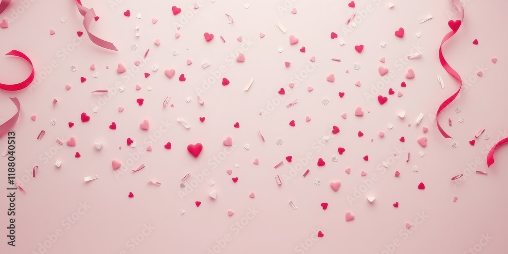 Pink and red heart confetti scattered on a soft pink background, a festive backdrop for love and celebration Pink and red heart confetti scattered on a soft pink background, a festive backdrop for love and celebration