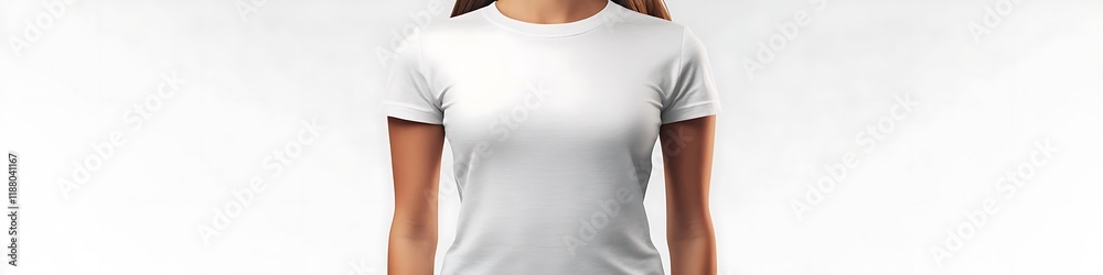 Realistic white t-shirt template for women, front view, detailed, on a plain white background. Realistic white t-shirt template for women, front view, detailed, on a plain white background.