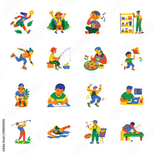 Pack of 16 Hobbies and Fun Activities Flat Illustrations


