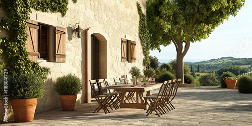 Ein Balkon im französischen Stil einer Villa. Pflanzen und Bäume. Sessel um einen Tisch. Reisen Urlaub Toskana
